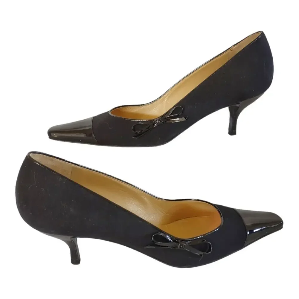 CHANEL Black Kitten Heels US Sz 8 Canvas Patent Leather Pumps EU Sz 38.5 Luxury